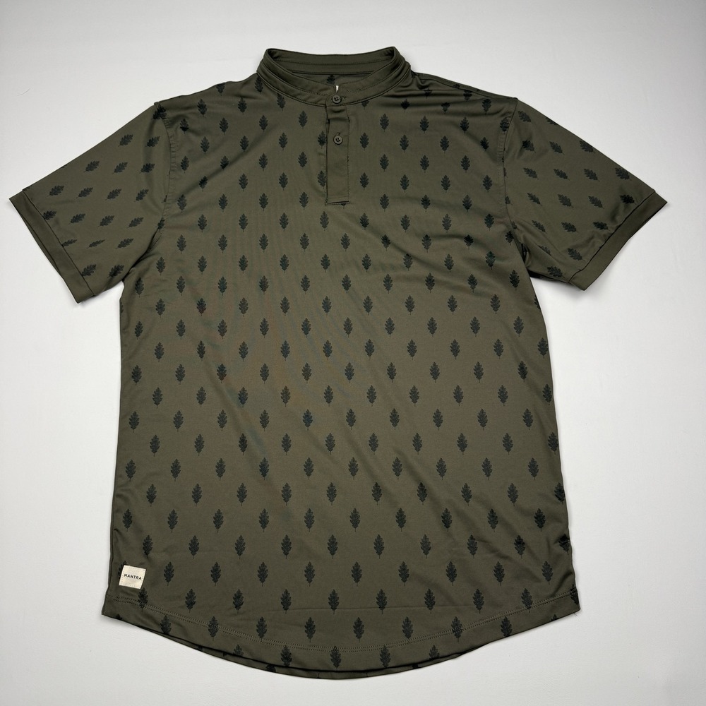 Mantra Polo Shirt Mens Medium Green Leaf Print Mock Neck Performance Stretch